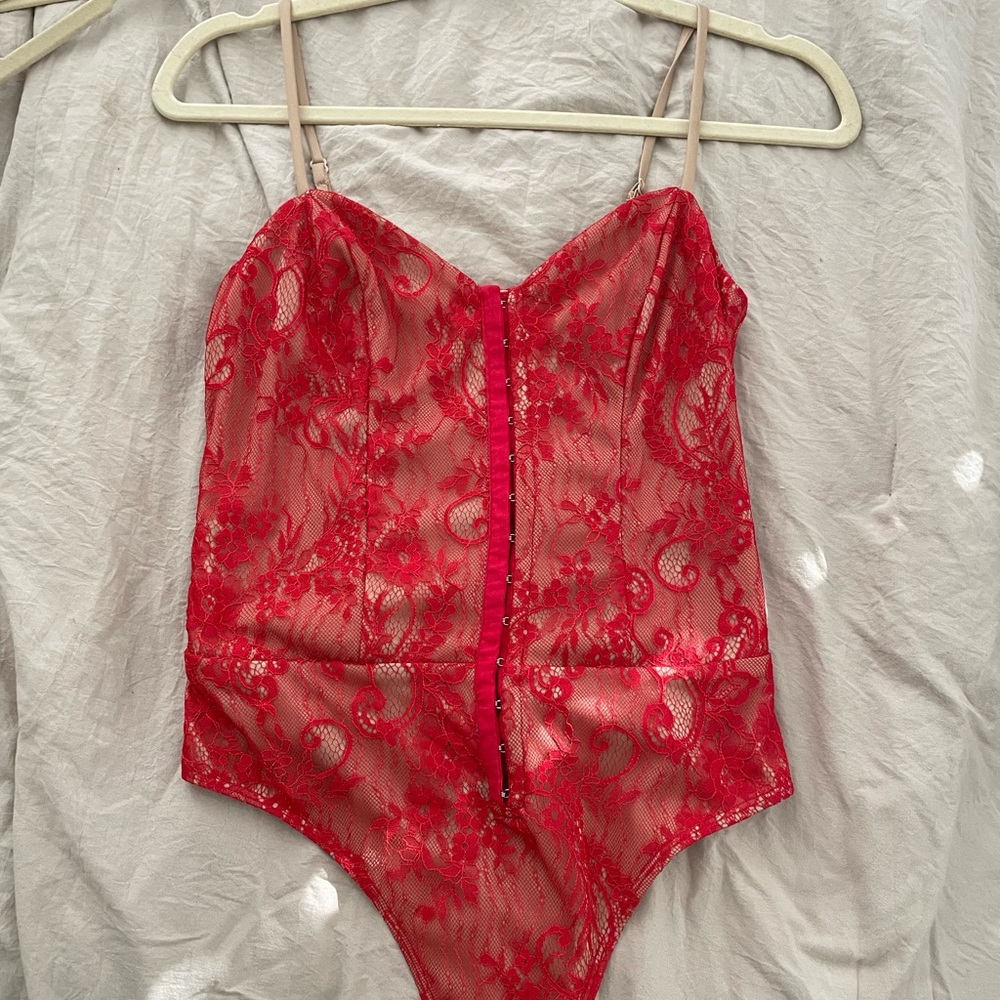 WAYF red lace button up bodysuit NWOT